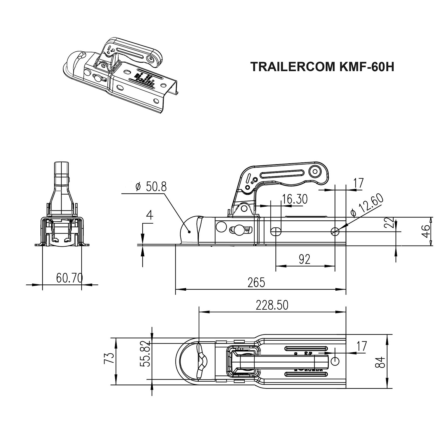 Замковое сцепное устройство TRAILERCOM 01029 KMF-60H (60x60мм, до 800кг)